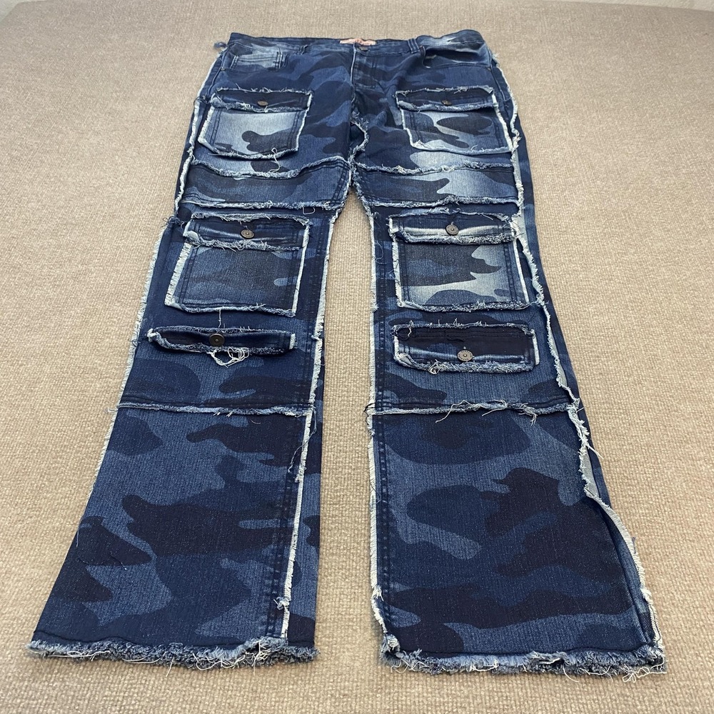 Bleecker & Mercer Stack Flare Jeans Mens 40x36 Blue Camo Distressed Denim